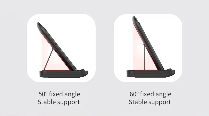 Two angles of a device stand with labels indicating fixed angles and stable support.