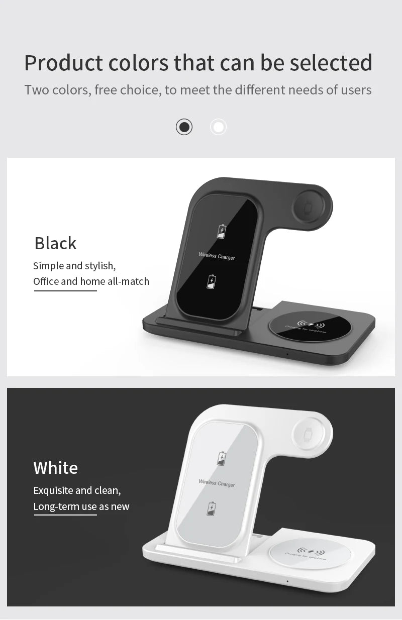 Black and white wireless chargers with color selection options.