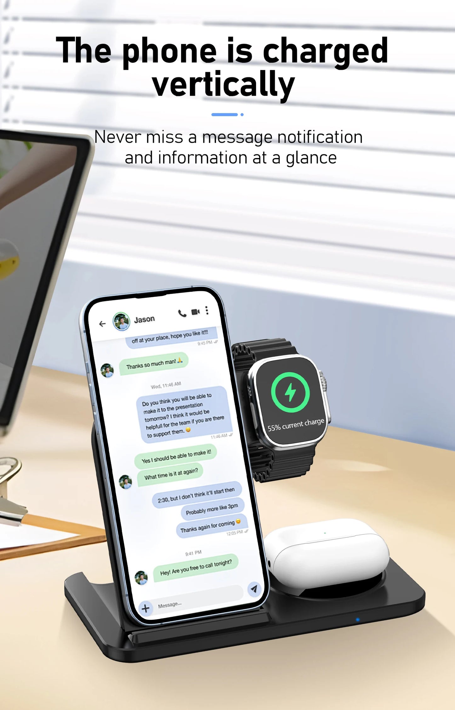 Multi-device charging stand with smartphone, smartwatch, and wireless earbuds.