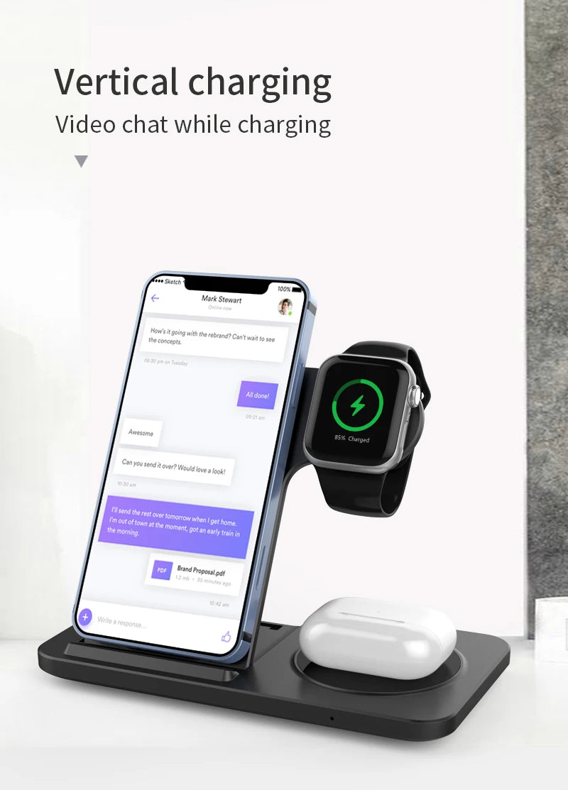 Wireless charging station with smartphone, smartwatch, and wireless earbuds.