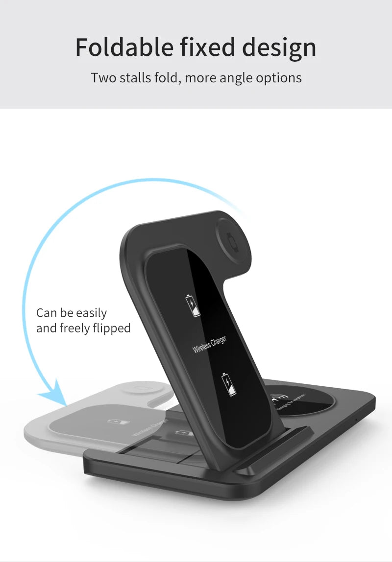 Foldable wireless charging stand with smartphone.