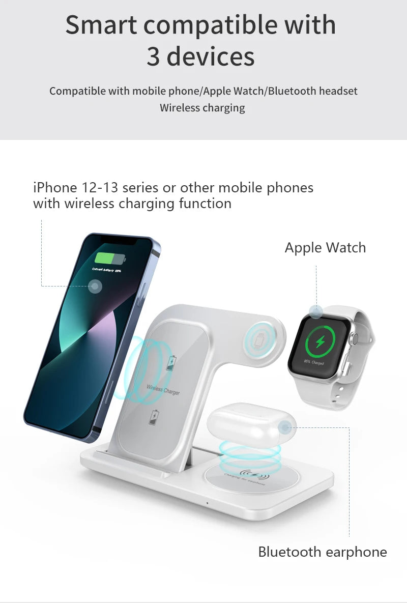 Wireless charging station compatible with smartphone, Apple Watch, and Bluetooth headset.