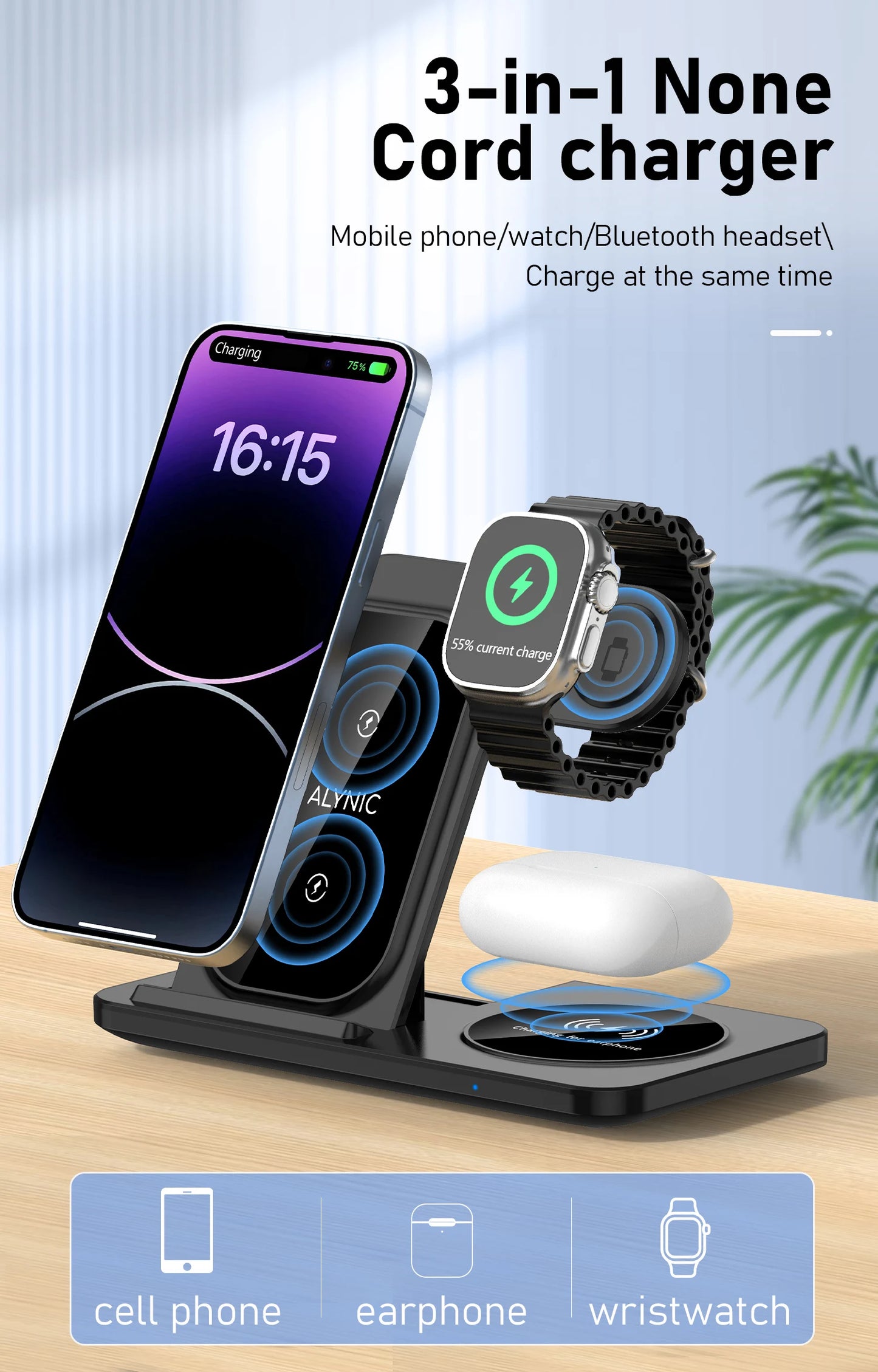 3-in-1 wireless charger with phone, earbuds, and watch.