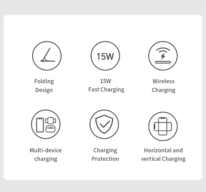 List of charging features with icons and text on a light gray background