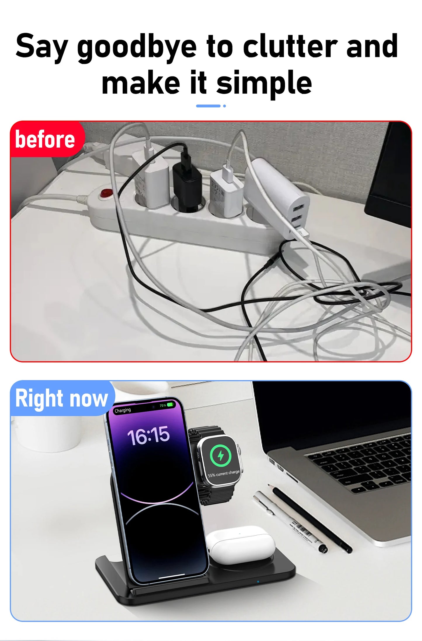 Before and after comparison of a cluttered desk with electronic devices and a clean desk setup with charging station.