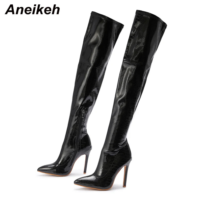 Aneikeh White Sexy Over-the-Knee Side Zipper Slip-On Pointed Toe Shoes NEW Fashion Striped Thin Heels Ladies Boots 2025 Spring