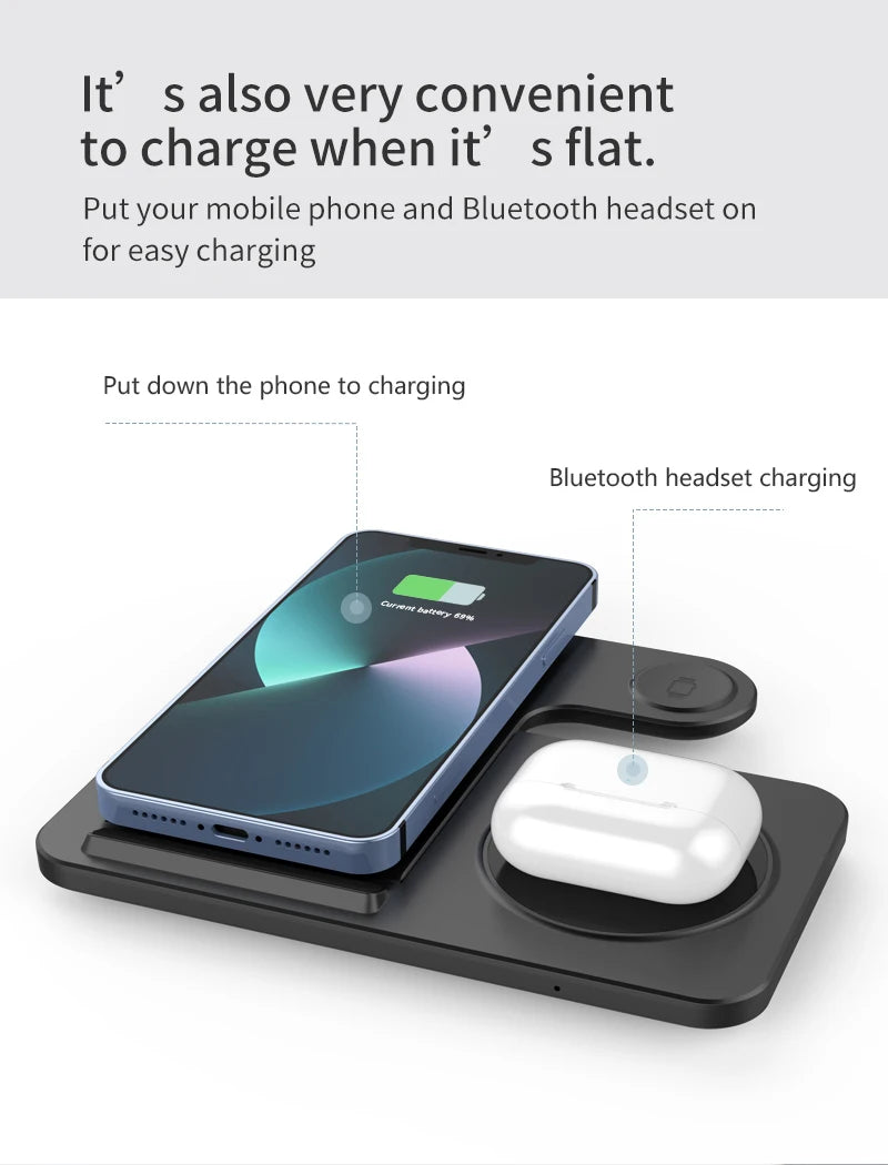 Wireless charging pad with smartphone and Bluetooth headset.