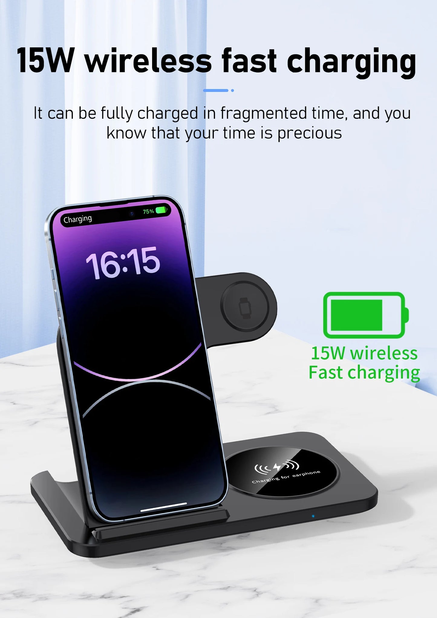 Wireless charging station with smartphone.