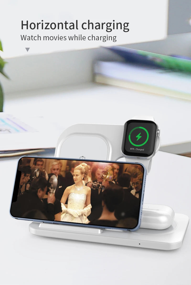 Multi-device charging station with smartphone, Apple Watch, and wireless earbuds.