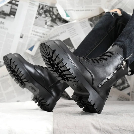 2025 Autumn Winter Shoes Men Leather Boots Thick Sole Non-slip Warm Plush Cold Winter Cow Leather Male Ankle Botas Black KA4867