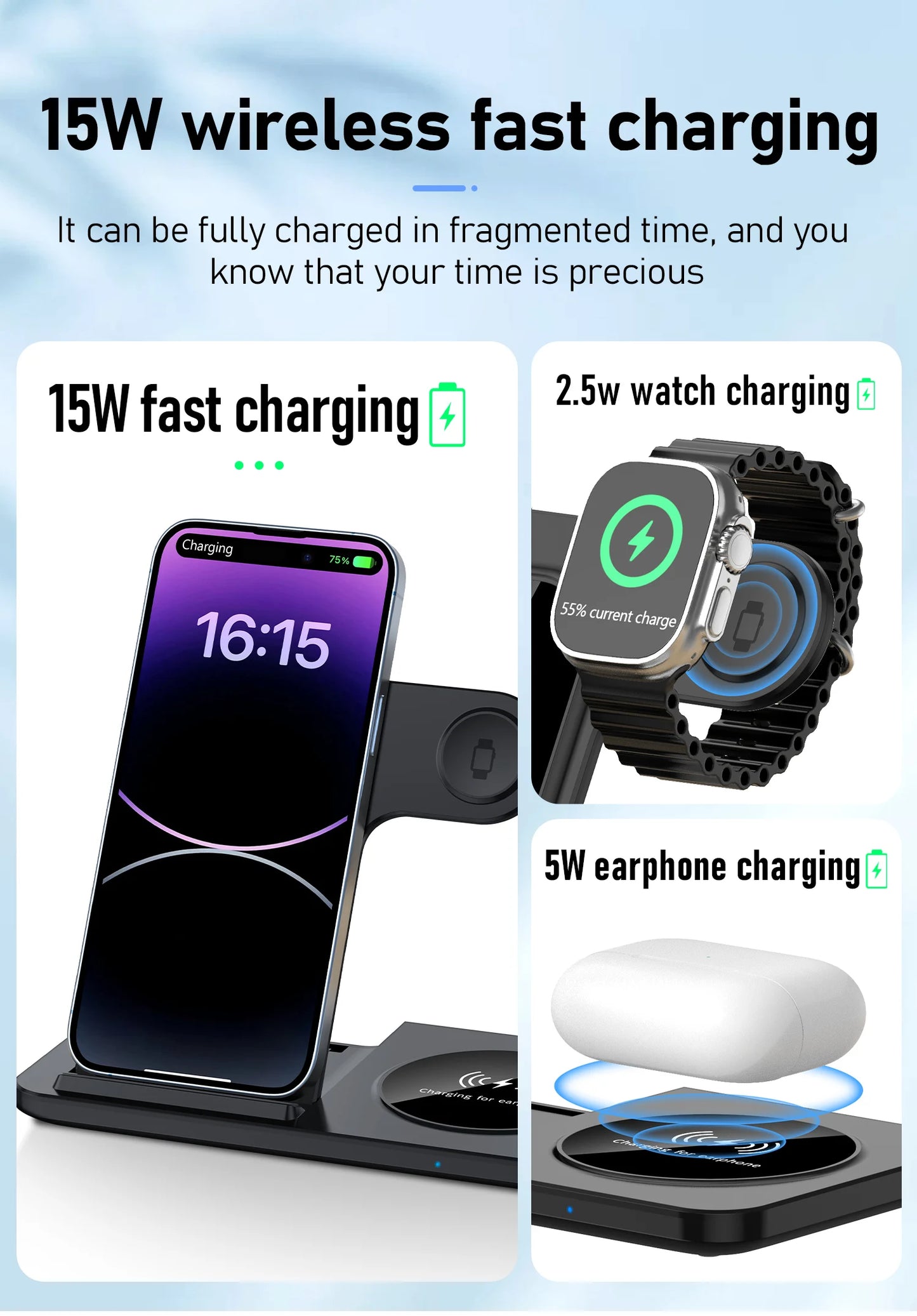 Wireless charging station with smartphone, smartwatch, and earphones.