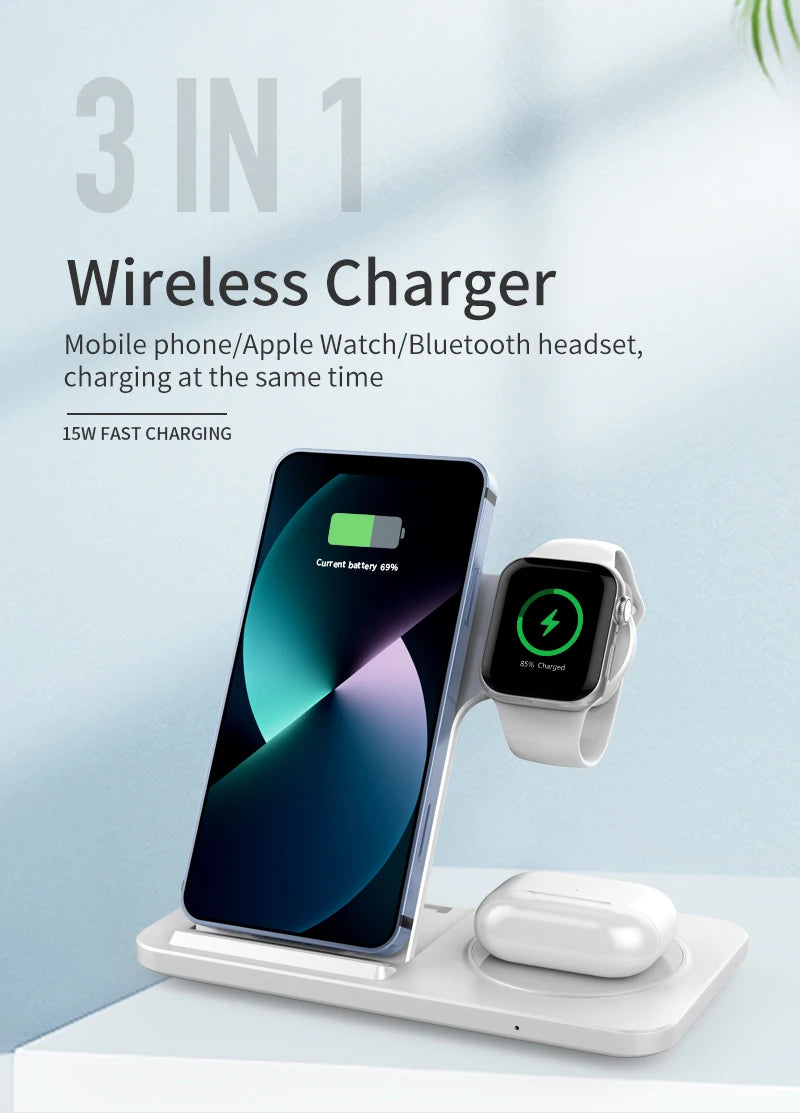 3-in-1 wireless charger with smartphone, Apple Watch, and wireless earbuds on a light blue background.