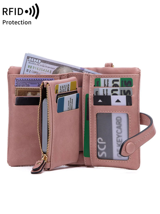 Solid Color Women's Trifold Wallet RFID Shielding Multifunctional Large Capacity Credit Card Bag with ID Window Short Coin Purse