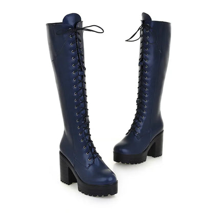 ASUMER 2026 New big size knee high boots women square high heels platform ladies boots lace up autumn winter boots female