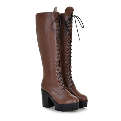 ASUMER 2026 New big size knee high boots women square high heels platform ladies boots lace up autumn winter boots female