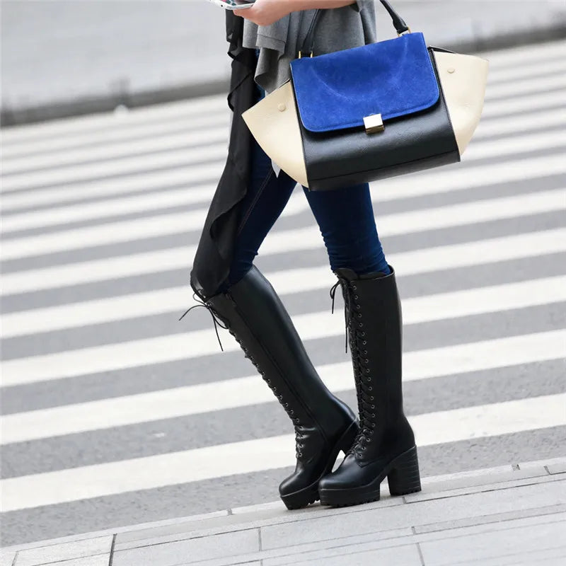 ASUMER 2026 New big size knee high boots women square high heels platform ladies boots lace up autumn winter boots female