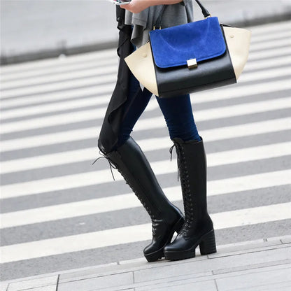 ASUMER 2026 New big size knee high boots women square high heels platform ladies boots lace up autumn winter boots female