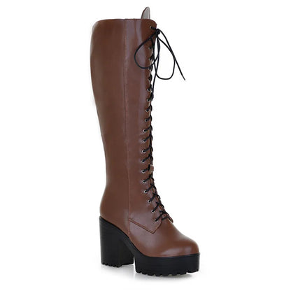 ASUMER 2026 New big size knee high boots women square high heels platform ladies boots lace up autumn winter boots female