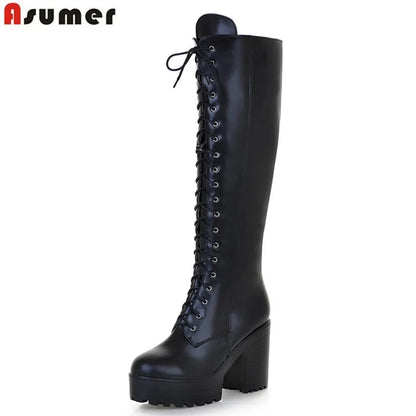 ASUMER 2026 New big size knee high boots women square high heels platform ladies boots lace up autumn winter boots female