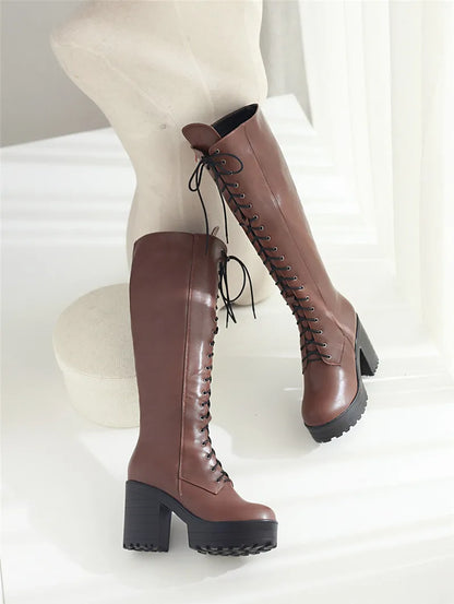 ASUMER 2026 New big size knee high boots women square high heels platform ladies boots lace up autumn winter boots female