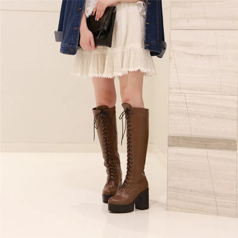 ASUMER 2026 New big size knee high boots women square high heels platform ladies boots lace up autumn winter boots female