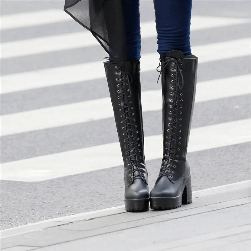 ASUMER 2026 New big size knee high boots women square high heels platform ladies boots lace up autumn winter boots female