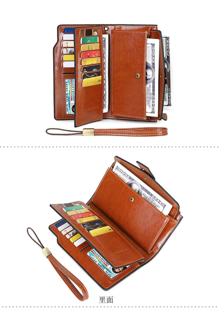 RFID retro large capacity long wallet Solid color multi-card women's purse Multi-function zipper wallet with wrist strap