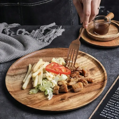 1Pc Wood Serving Plate Handmade Kitchen Dinner Plate with Grooved Handle Tray Durable Tableware Home Kitchen Supplies Gadgets