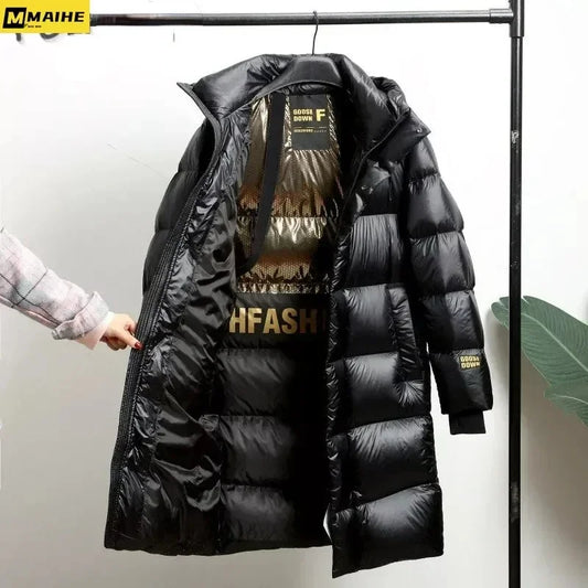 -30 ℃ Cold-proof Long Down Jacket Men's Light Luxury Black Gold Lightweight 95% Goose Down Jacket Unisex Winter Warm Hooded Coat