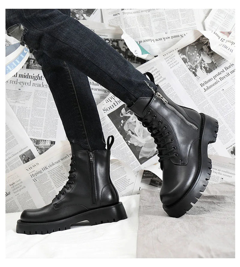 2025 Autumn Winter Shoes Men Leather Boots Thick Sole Non-slip Warm Plush Cold Winter Cow Leather Male Ankle Botas Black KA4867