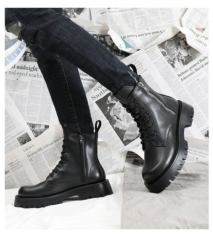 2025 Autumn Winter Shoes Men Leather Boots Thick Sole Non-slip Warm Plush Cold Winter Cow Leather Male Ankle Botas Black KA4867