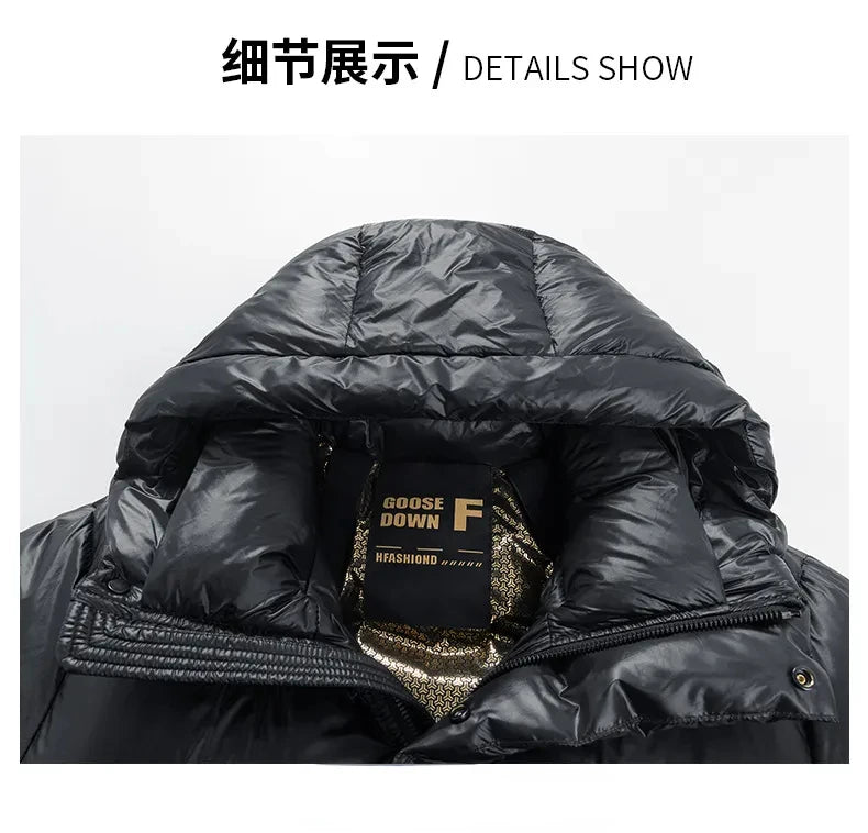-30 ℃ Cold-proof Long Down Jacket Men's Light Luxury Black Gold Lightweight 95% Goose Down Jacket Unisex Winter Warm Hooded Coat