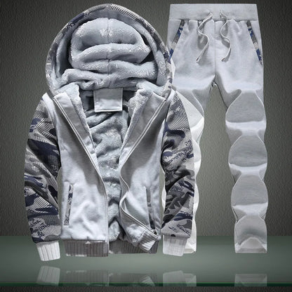 New Winter Tracksuits Men Set Thick Fleece Hoodies+Pants Suit Zipper Hooded Sweatshirt Sportswear Set Male Hoodie Sporting Suits