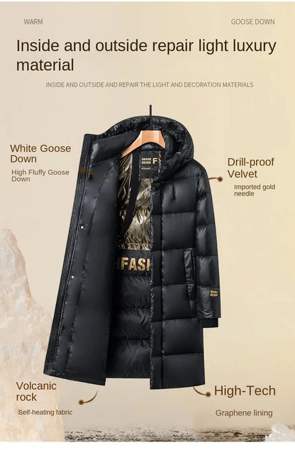 -30 ℃ Cold-proof Long Down Jacket Men's Light Luxury Black Gold Lightweight 95% Goose Down Jacket Unisex Winter Warm Hooded Coat