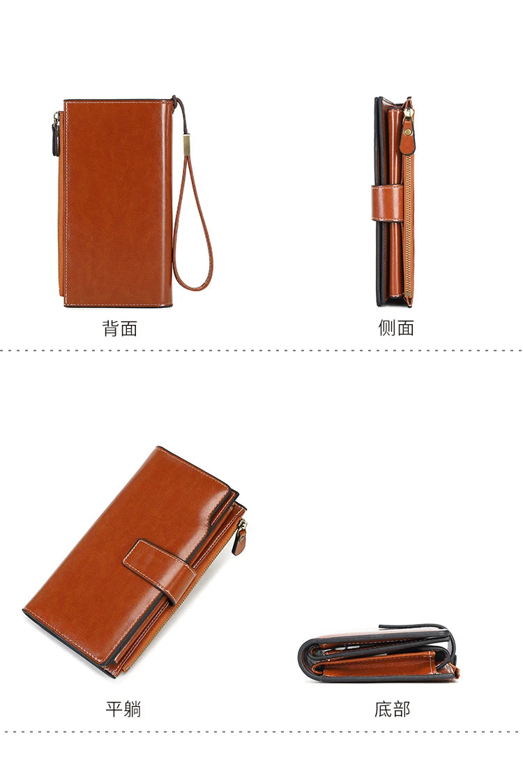 RFID retro large capacity long wallet Solid color multi-card women's purse Multi-function zipper wallet with wrist strap