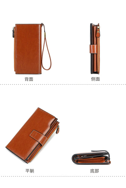 RFID retro large capacity long wallet Solid color multi-card women's purse Multi-function zipper wallet with wrist strap