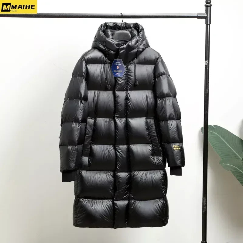 -30 ℃ Cold-proof Long Down Jacket Men's Light Luxury Black Gold Lightweight 95% Goose Down Jacket Unisex Winter Warm Hooded Coat