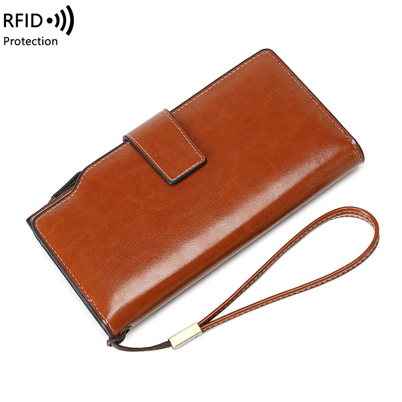 RFID retro large capacity long wallet Solid color multi-card women's purse Multi-function zipper wallet with wrist strap
