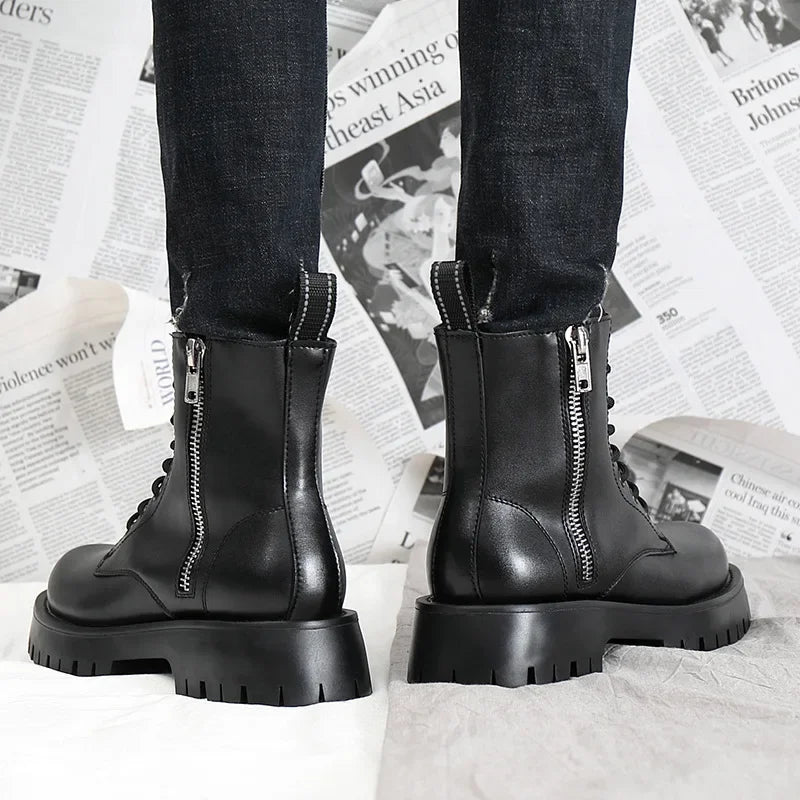 2025 Autumn Winter Shoes Men Leather Boots Thick Sole Non-slip Warm Plush Cold Winter Cow Leather Male Ankle Botas Black KA4867