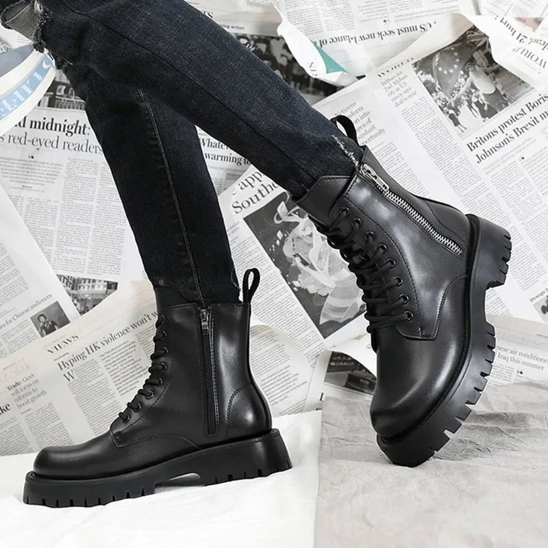 2025 Autumn Winter Shoes Men Leather Boots Thick Sole Non-slip Warm Plush Cold Winter Cow Leather Male Ankle Botas Black KA4867