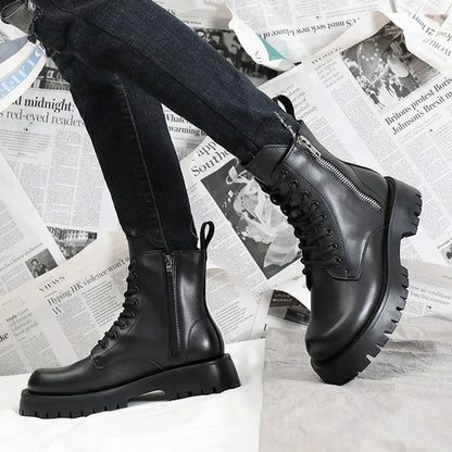 2025 Autumn Winter Shoes Men Leather Boots Thick Sole Non-slip Warm Plush Cold Winter Cow Leather Male Ankle Botas Black KA4867