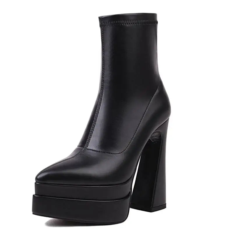 REAVE CAT Ladies Boots 15cm Shaft Stretchy Pointed Toe High Heel 6 inch Platform 5cm Big Size 46 Party