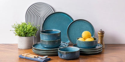 vancasso 12/24Piece Ceramic Plate Set Blue Reactive Glaze Vertical edge Tableware Set with 4/8PCS Dinner Plate/Dessert/Bowl