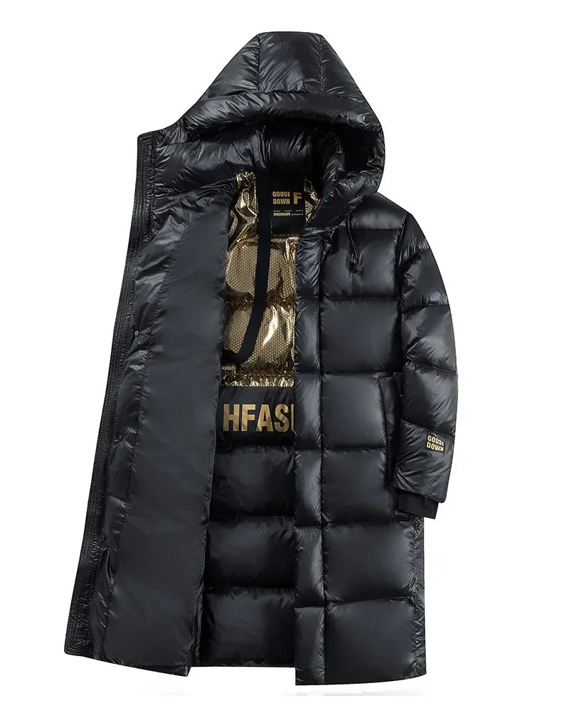 -30 ℃ Cold-proof Long Down Jacket Men's Light Luxury Black Gold Lightweight 95% Goose Down Jacket Unisex Winter Warm Hooded Coat