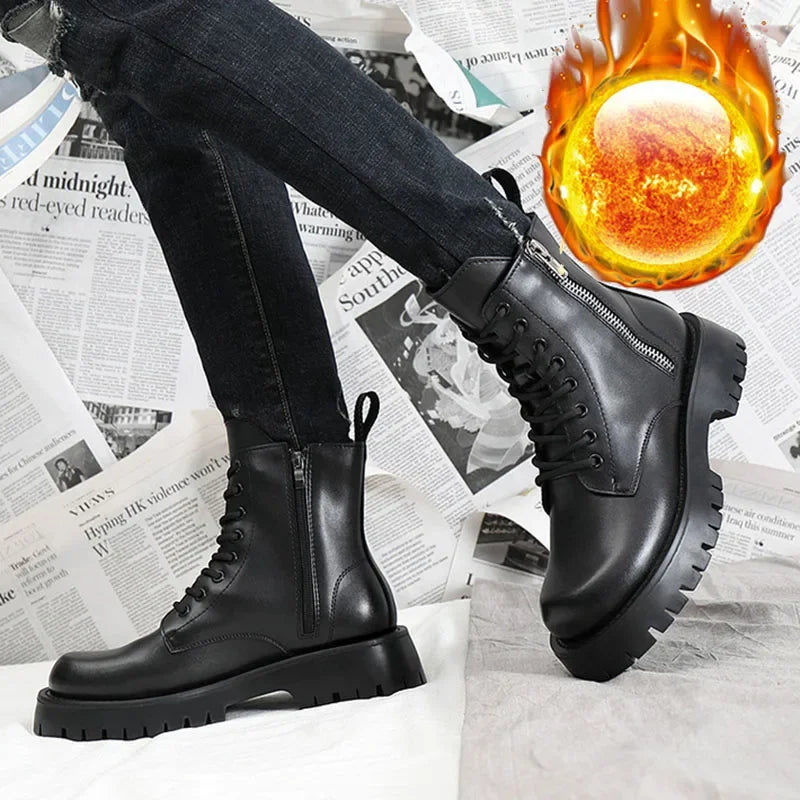 2025 Autumn Winter Shoes Men Leather Boots Thick Sole Non-slip Warm Plush Cold Winter Cow Leather Male Ankle Botas Black KA4867