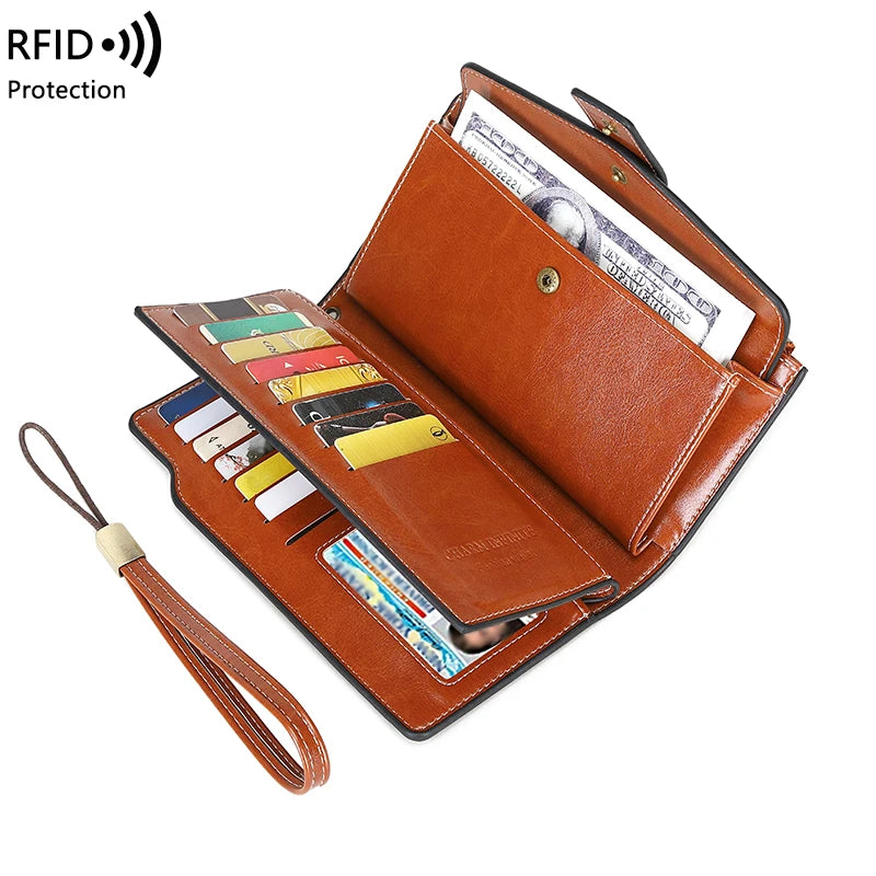 RFID retro large capacity long wallet Solid color multi-card women's purse Multi-function zipper wallet with wrist strap