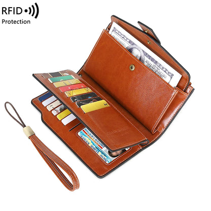 RFID retro large capacity long wallet Solid color multi-card women's purse Multi-function zipper wallet with wrist strap