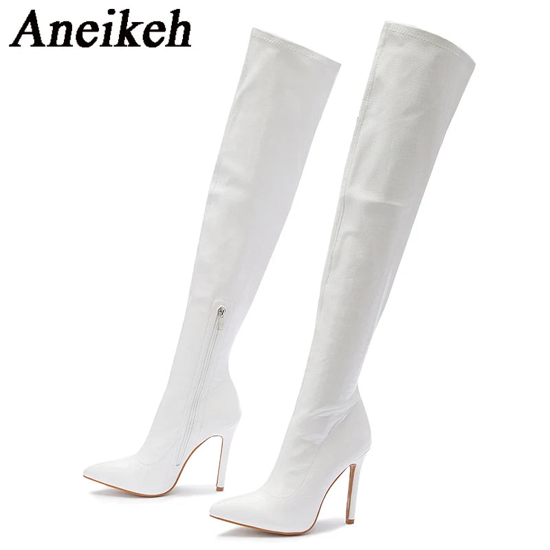Aneikeh White Sexy Over-the-Knee Side Zipper Slip-On Pointed Toe Shoes NEW Fashion Striped Thin Heels Ladies Boots 2025 Spring