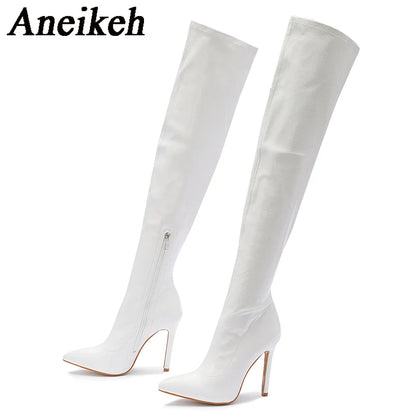 Aneikeh White Sexy Over-the-Knee Side Zipper Slip-On Pointed Toe Shoes NEW Fashion Striped Thin Heels Ladies Boots 2025 Spring