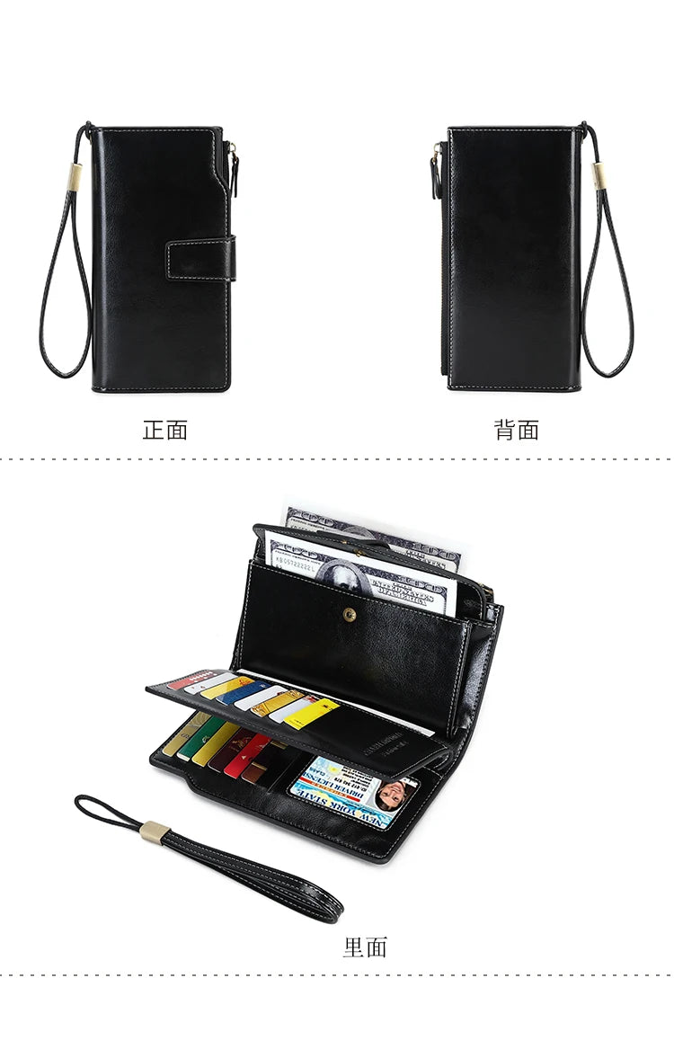 RFID retro large capacity long wallet Solid color multi-card women's purse Multi-function zipper wallet with wrist strap
